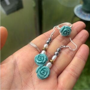 Artisan Genuine Pearl Hematite Acrylic Blue Rose Earrings & Ring Set Size 9 Ring